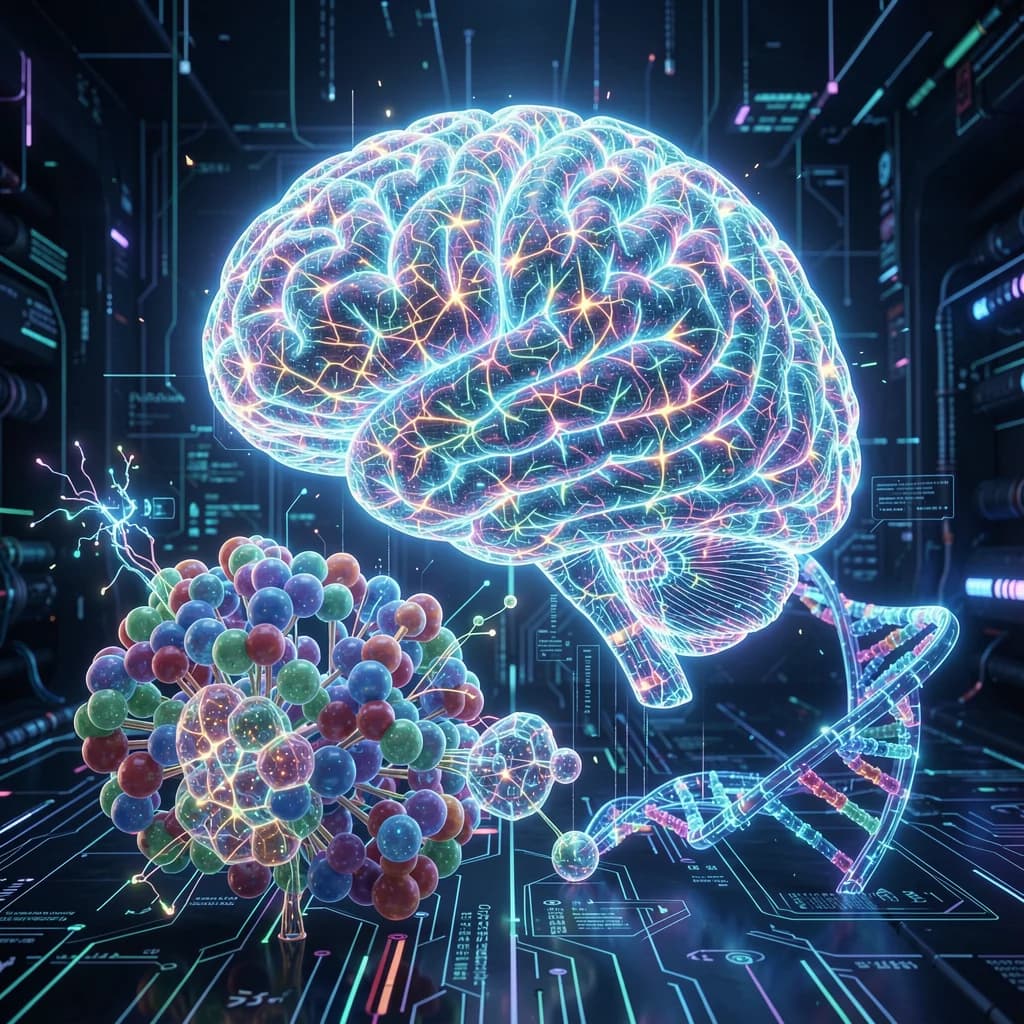 Timeline of AI in biology from 2018 to 2026 showing AlphaFold, protein language models, AI drugs in trials, and the Nobel Prize in Chemistry