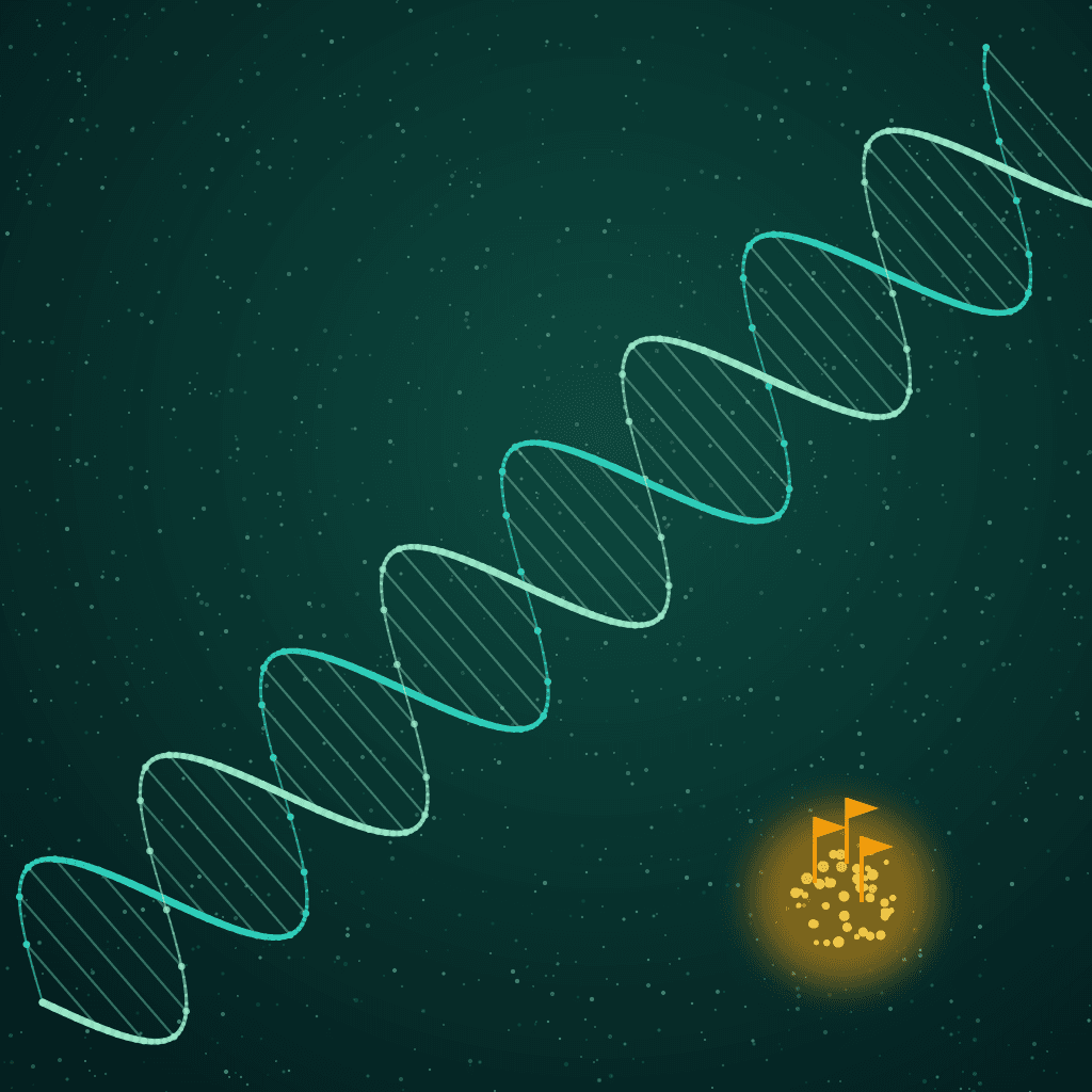Illustration of a DNA helix across a vast field of dots with one small amber cluster of flagged, labelled points
