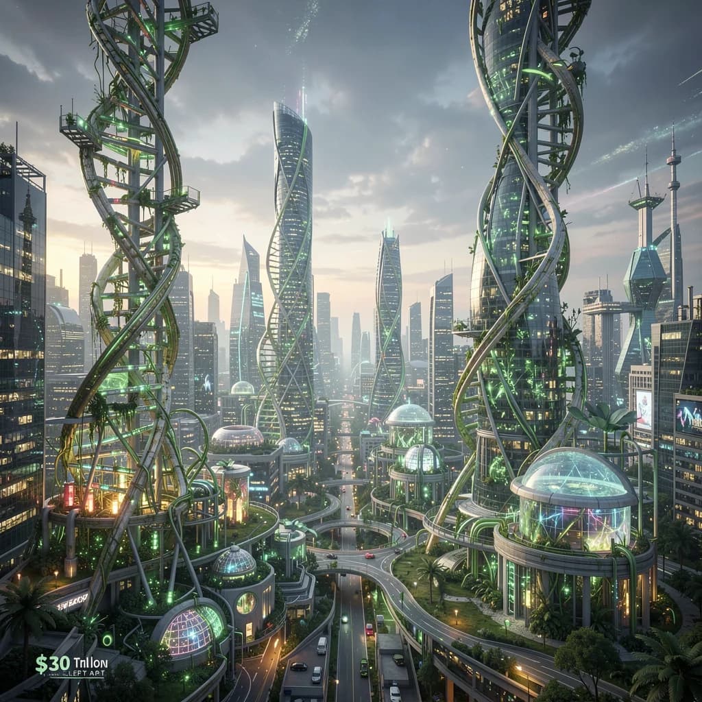 Chart showing bioeconomy market size projections from $4 trillion to $30 trillion by 2050 with segment breakdowns including bioenergy, biomaterials, bioplastics, and precision fermentation