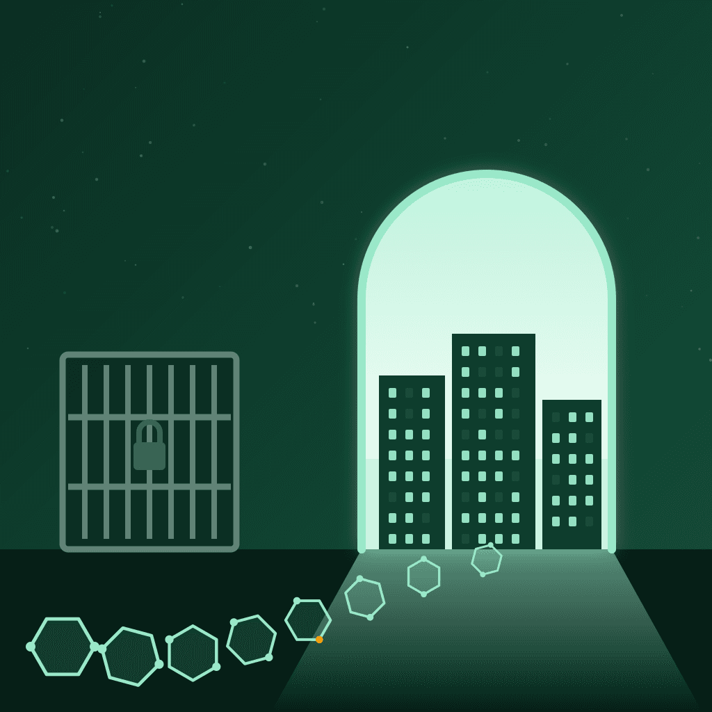 Illustration of a padlocked gate beside a glowing open doorway to a pharmaceutical campus, with molecules flowing through the open door
