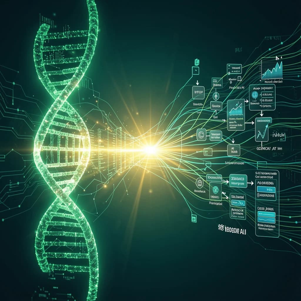 Double helix DNA transforming into clinical workflow data streams, representing the convergence of genomic AI and clinical agents