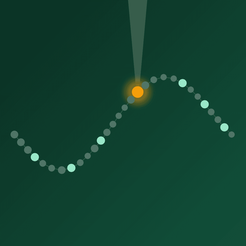 Illustration of a long strand of beads with a large mass of grey beads and a few amber beads being picked out by a thin beam of light