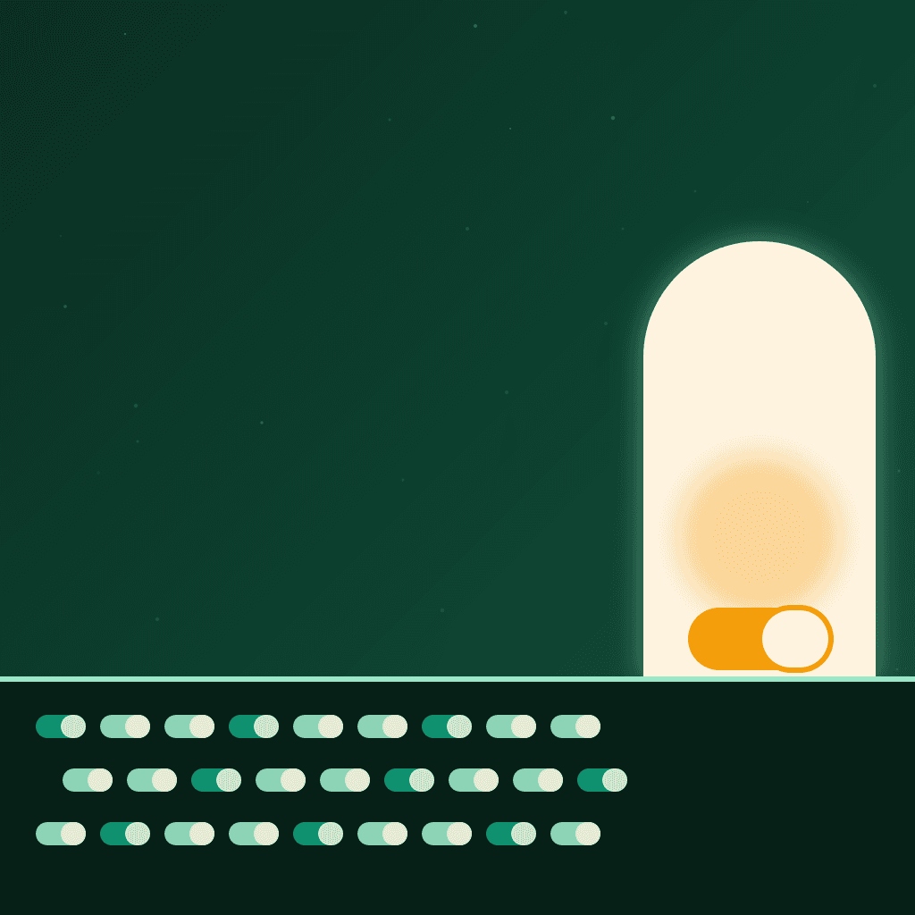 Illustration of a long conveyor of identical capsules moving toward a bright doorway, one amber capsule stepping through