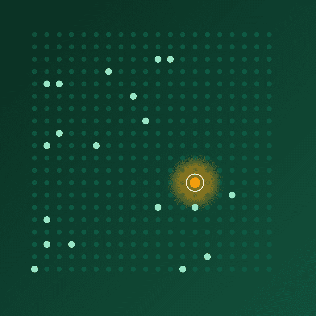 Illustration of a dense field of small dark shapes with one narrow lit path and a single amber figure-sized marker where the path meets a new door
