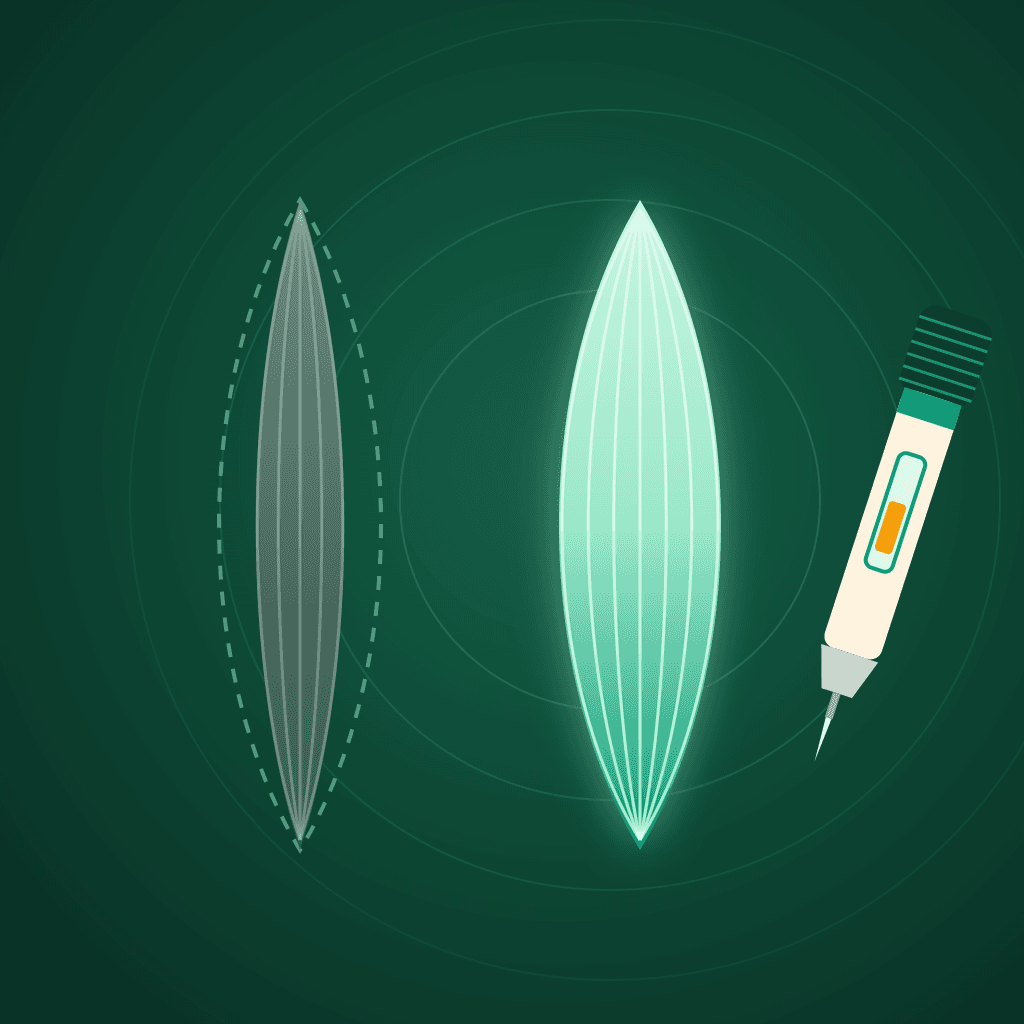 Illustration of a thin faded muscle inside a dashed outline of its former size, beside a full glowing muscle and an injector pen