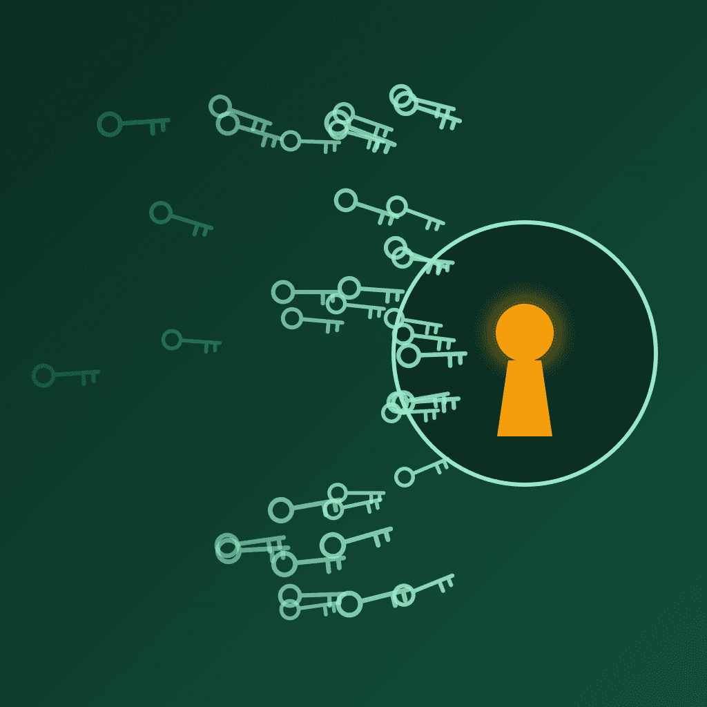 Illustration of a single lock with one amber keyhole surrounded by a crowd of many small keys approaching from the left