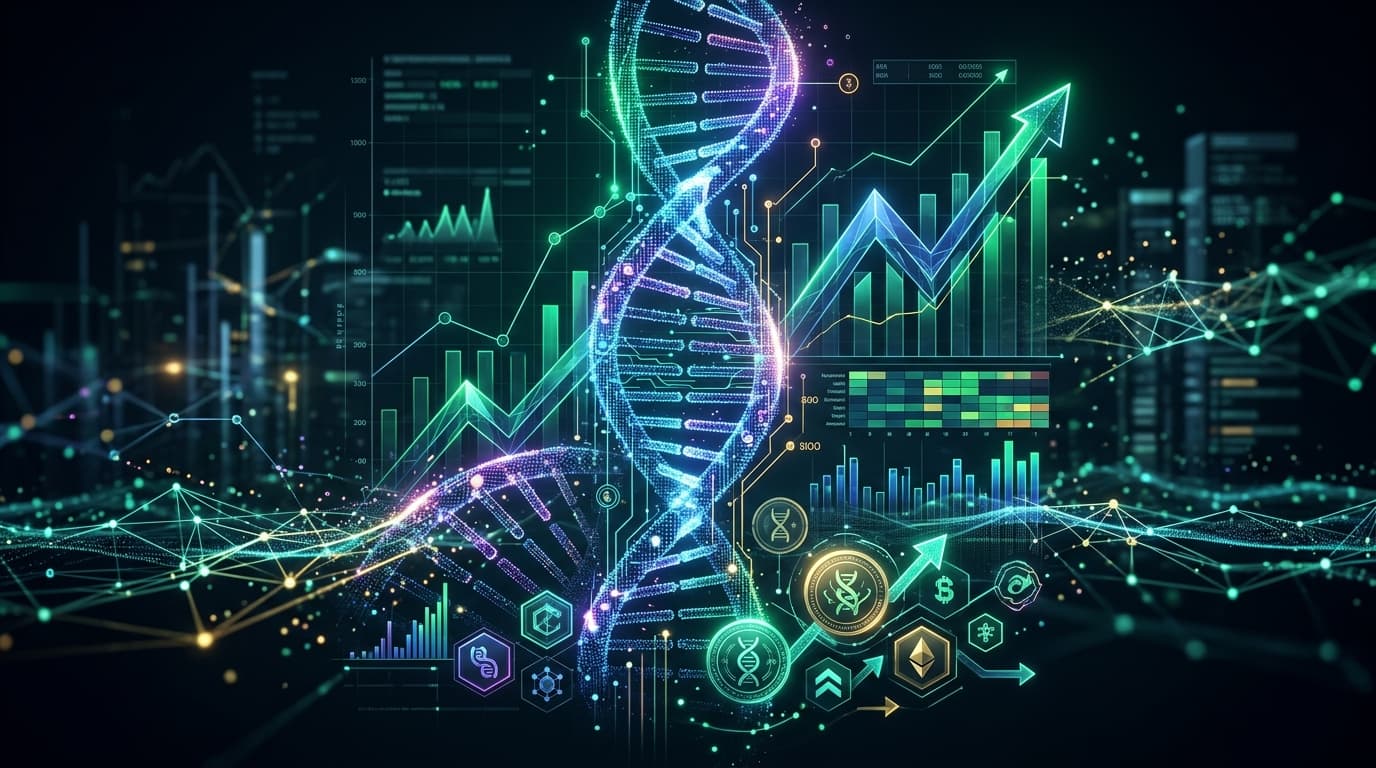 Abstract data visualization of LLM tokens transforming into protein structures