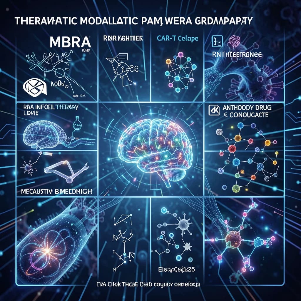 Market size bar chart comparing therapeutic modalities — mRNA, RNAi, CAR-T, ADCs, bispecifics, gene therapy — with growth projections