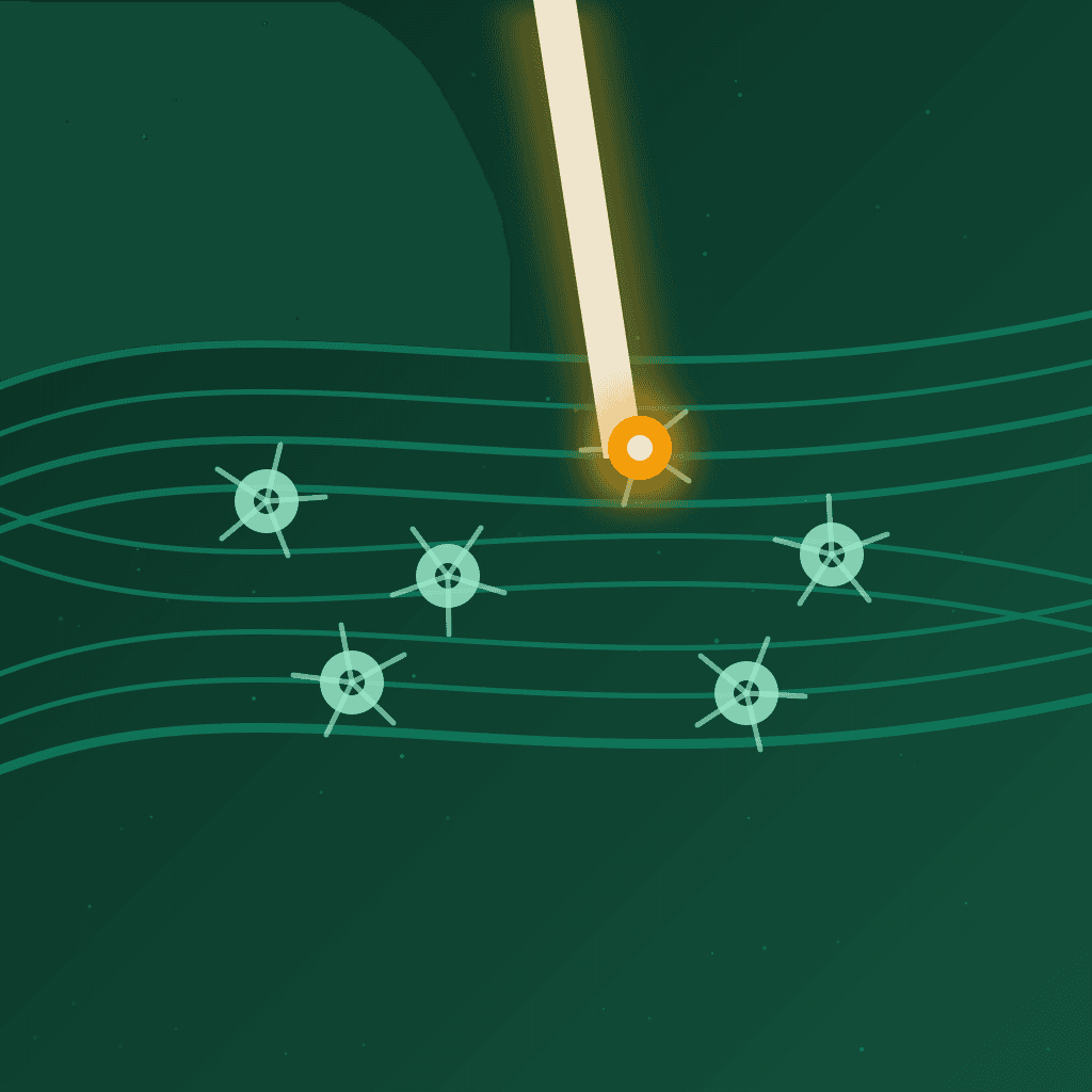 Illustration of a bundle of glowing nerve fibres with a single amber beam of light striking one cell