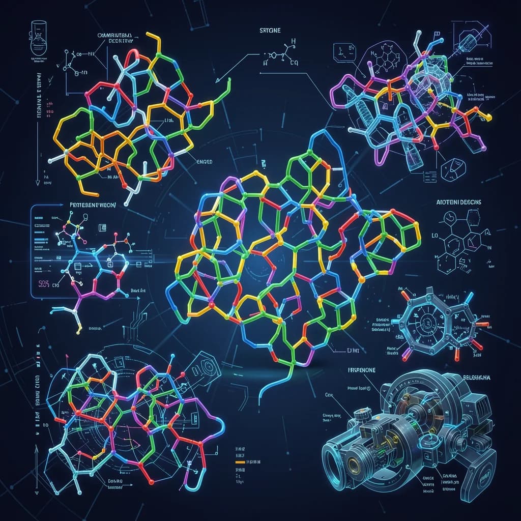Chart comparing computational protein design methods showing RFdiffusion, ProteinMPNN, ESM3, and AlphaFold3 across key metrics like accuracy, speed, and novelty generation
